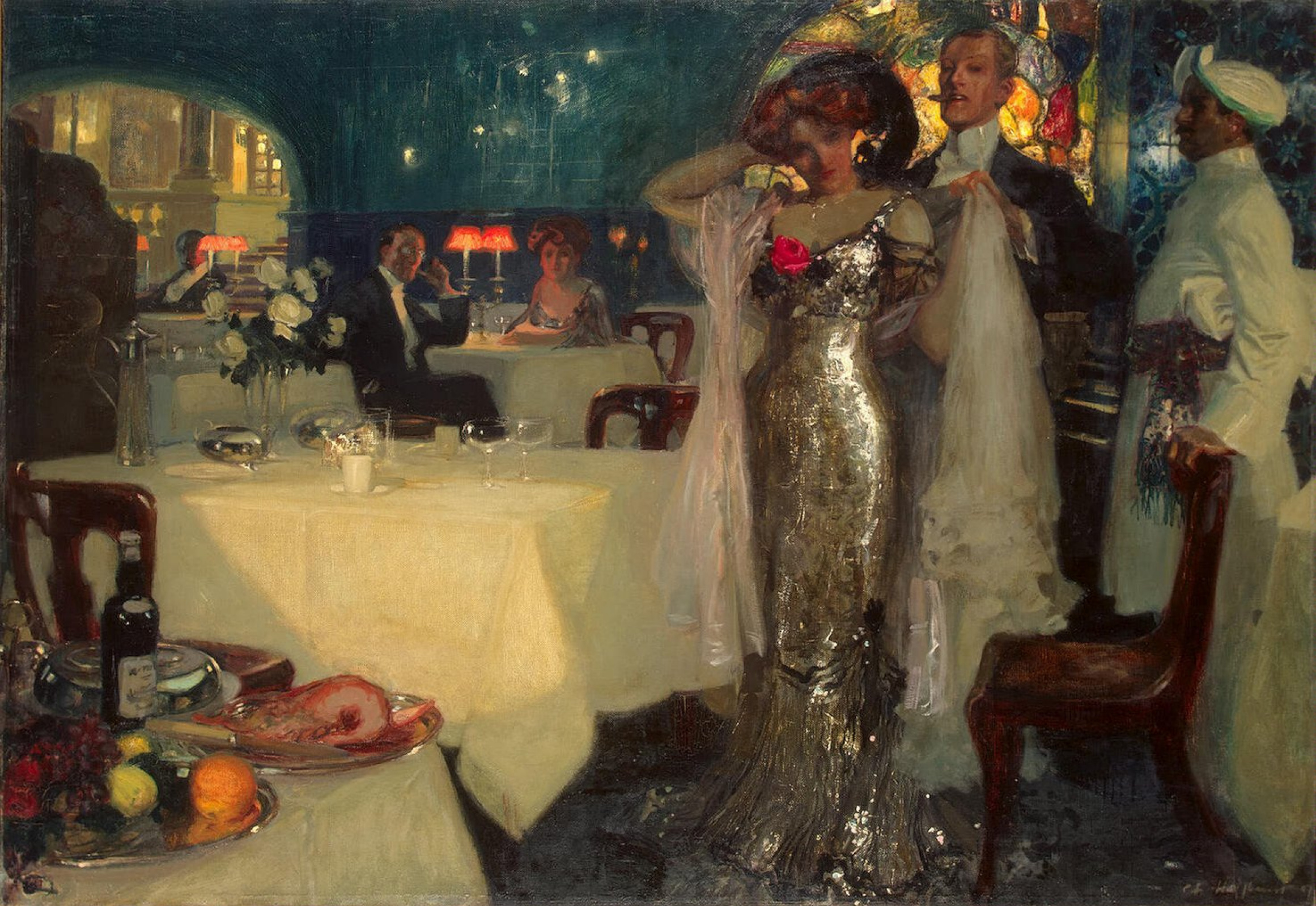 Charles Hoffbauer (1875-1957), Au restaurant, huile sur toile, 1907, 115x167 cm. Musée de l'Ermitage, Saint Pétersbourg, Russie. 