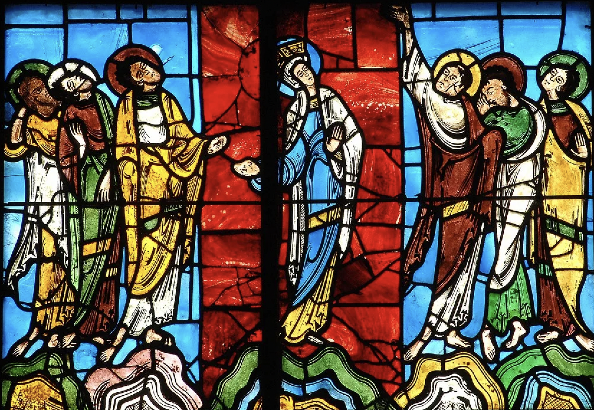 Vitrail de l’Ascension de la cathédrale Saint-Julien du Mans, XIIe siècle, l’un des plus anciens vitraux romans conservés in situ au monde